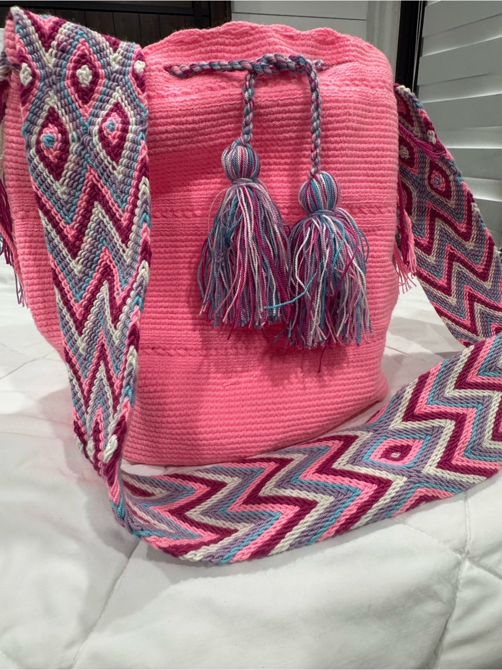 Handwoven Pink Bucket Bag with Multicolor Chevron Strap
